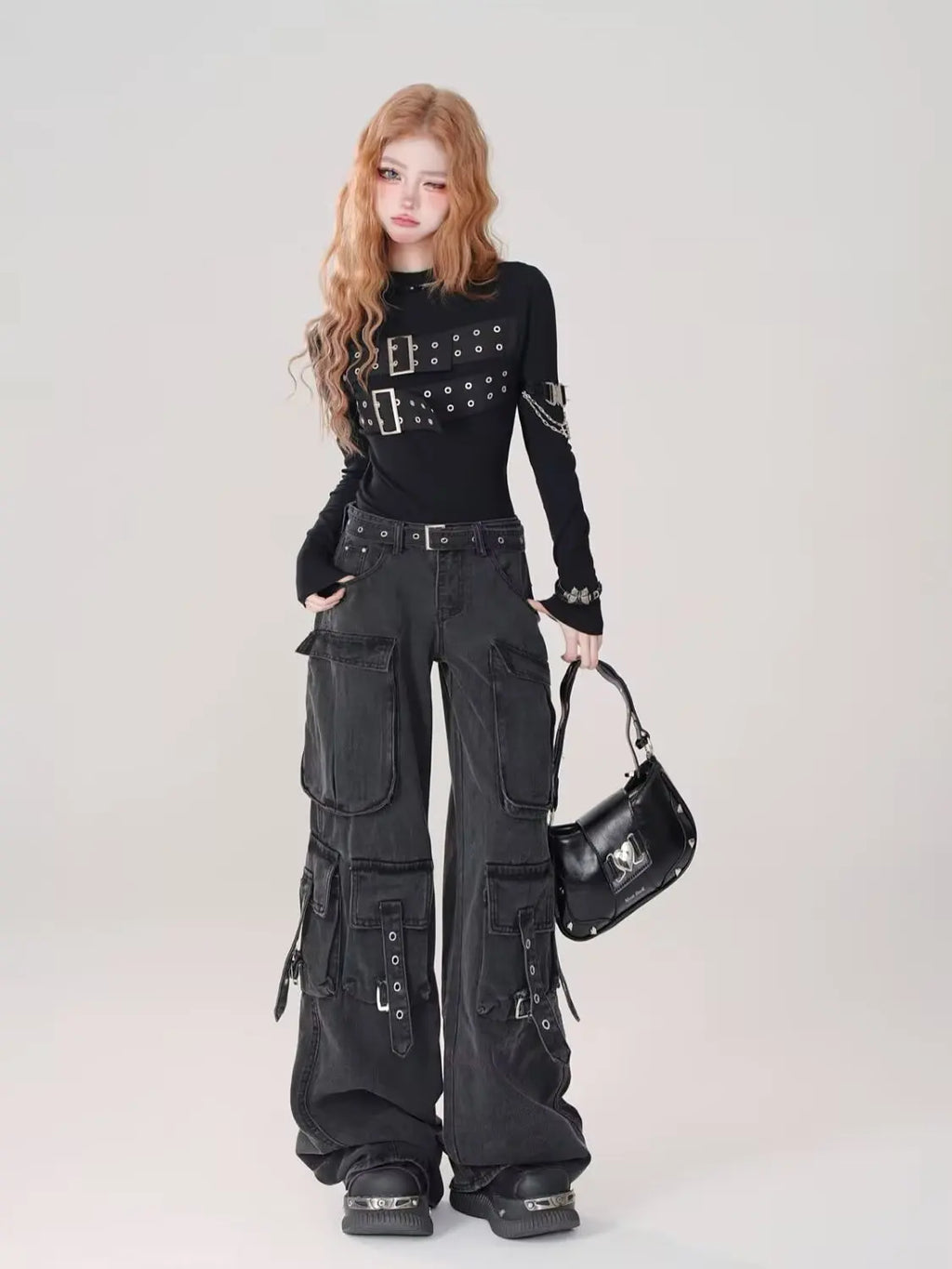 Cargo Jean Vintage Femme — Denim Noir Style Y2K Grunge