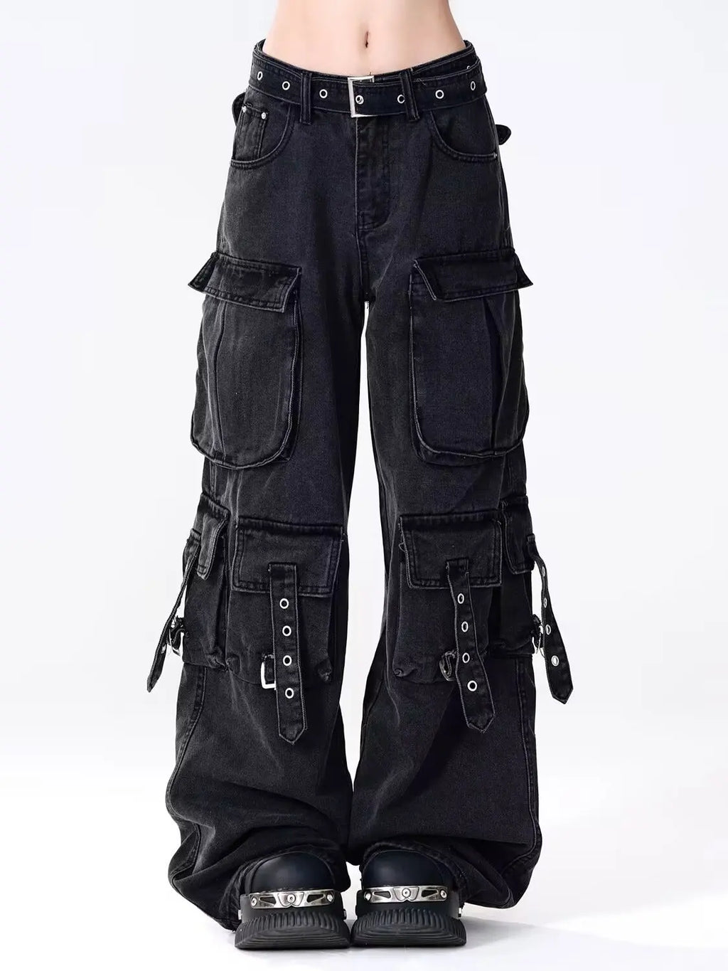 Cargo Jean Vintage Femme — Denim Noir Style Y2K Grunge
