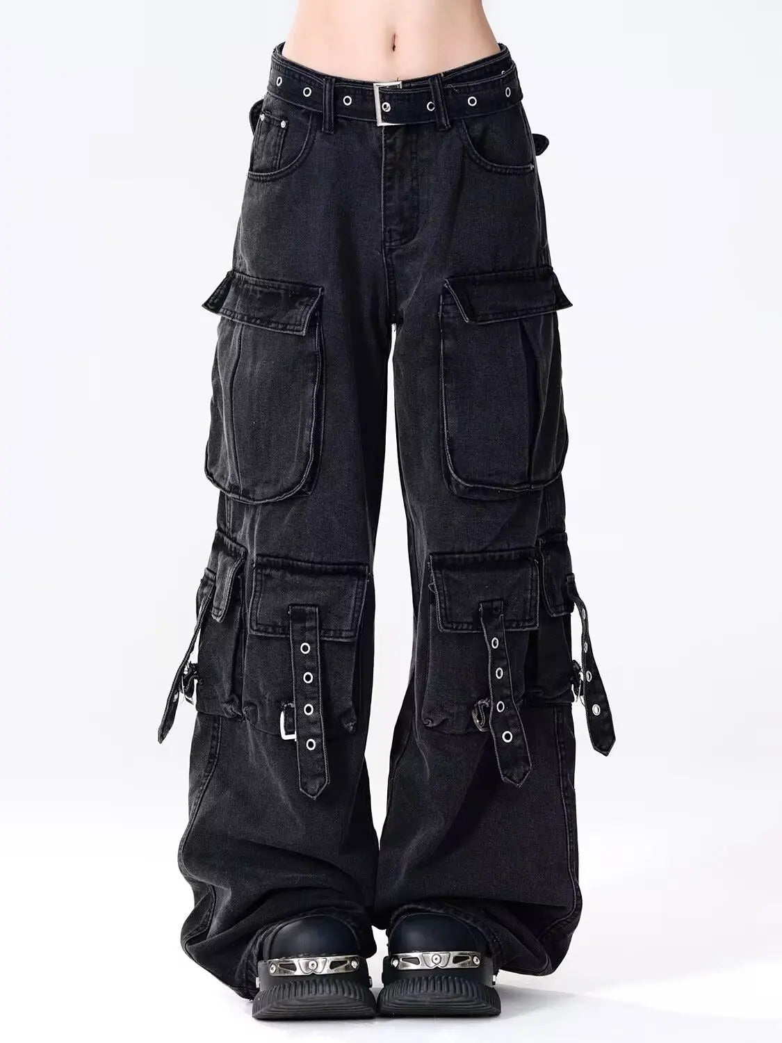 Cargo Jean Vintage Femme — Denim Noir Style Y2K Grunge