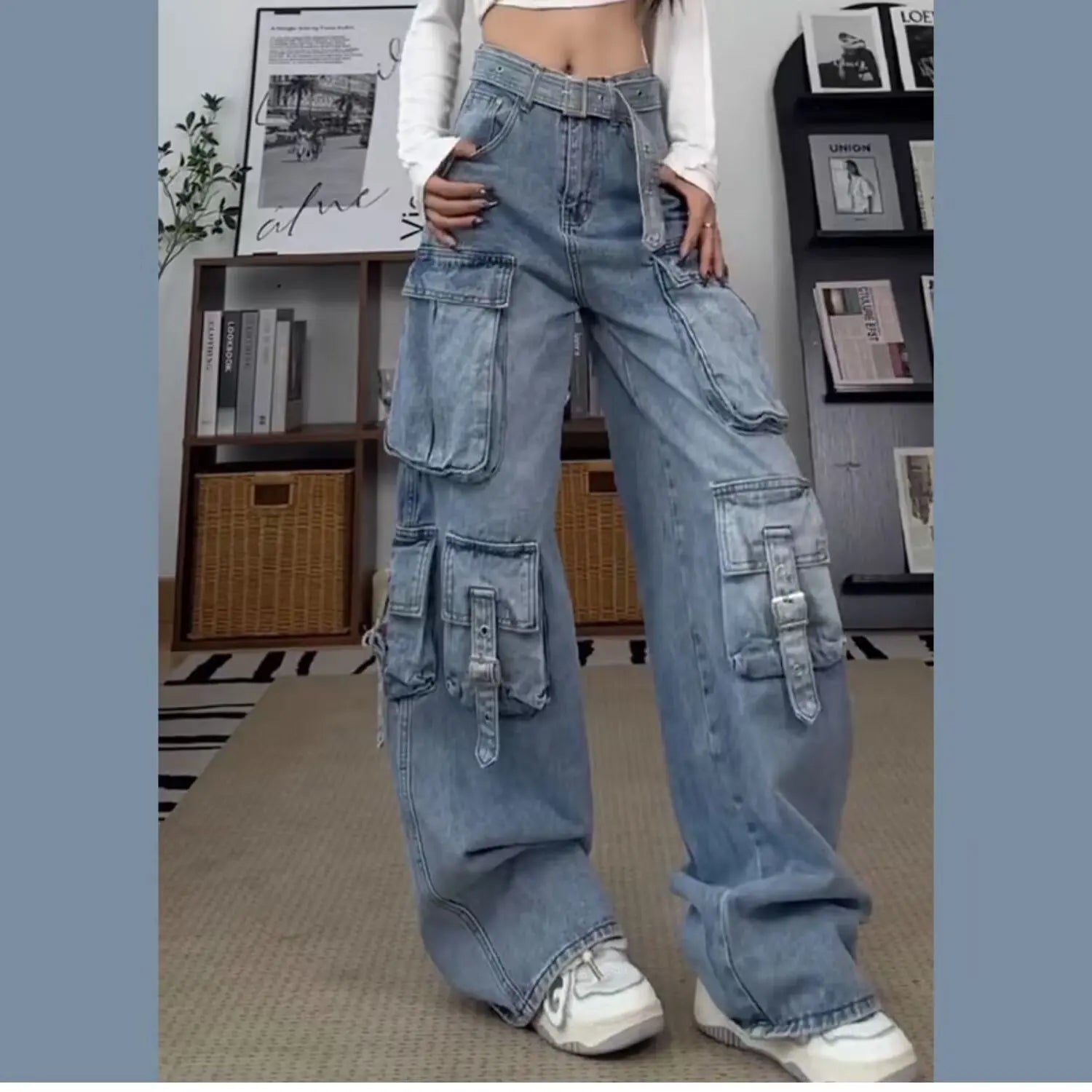 Cargo Jean Vintage Femme — Denim Noir Style Y2K Grunge