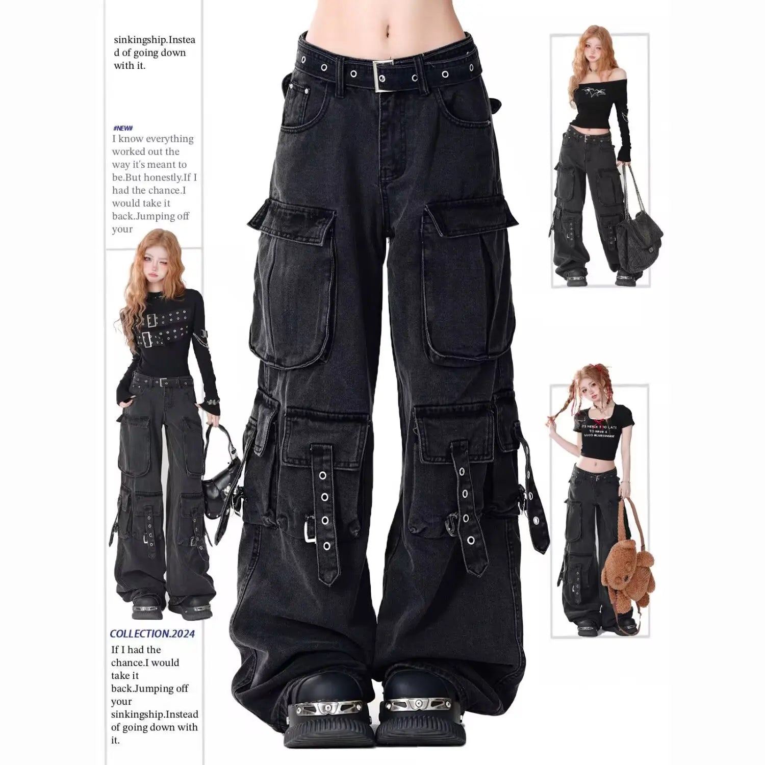 Cargo Jean Vintage Femme — Denim Noir Style Y2K Grunge