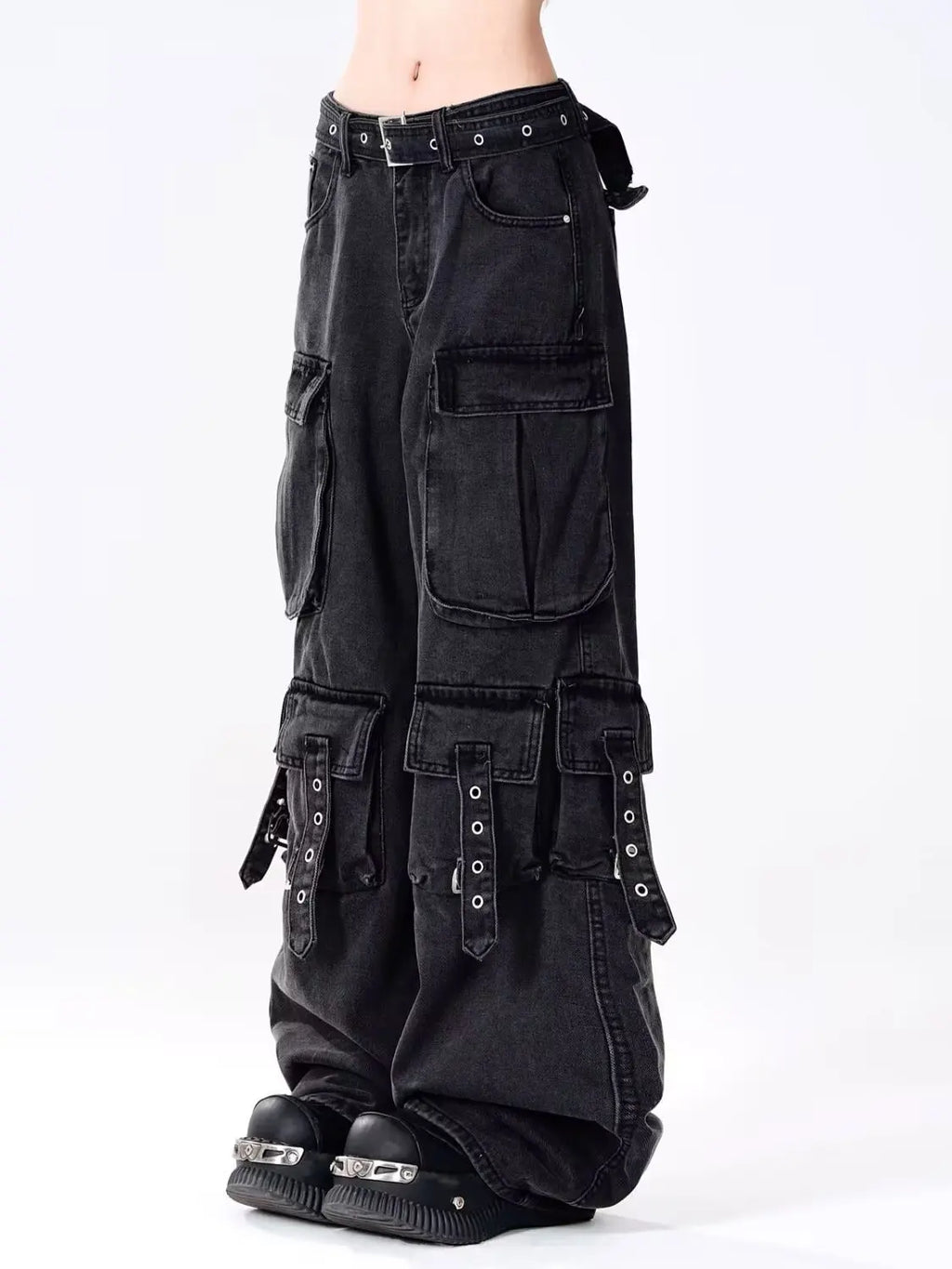 Cargo Jean Vintage Femme — Denim Noir Style Y2K Grunge