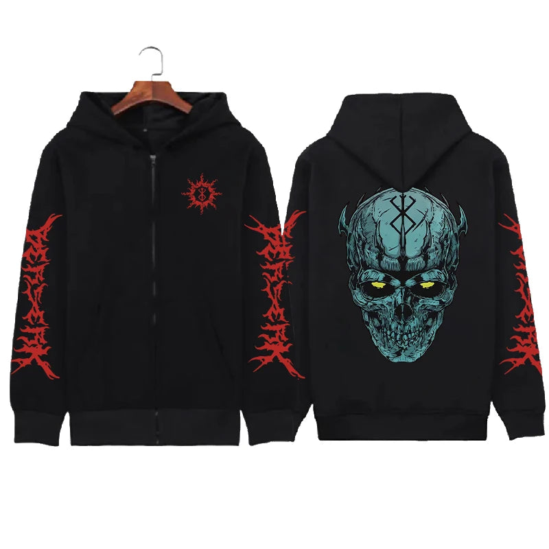 Hoodie Zippé Skull Berserk — Sweatshirt Fleece Graphic Unisexe