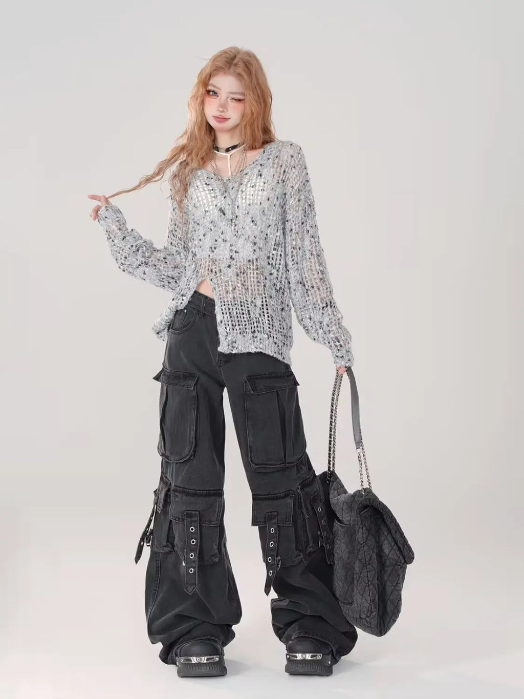 Cargo Jean Vintage Femme — Denim Noir Style Y2K Grunge