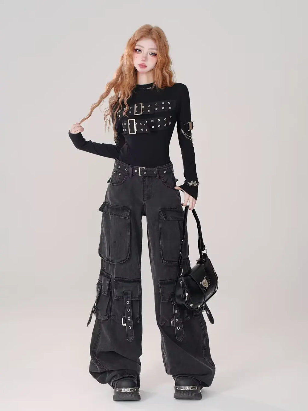 Cargo Jean Vintage Femme — Denim Noir Style Y2K Grunge