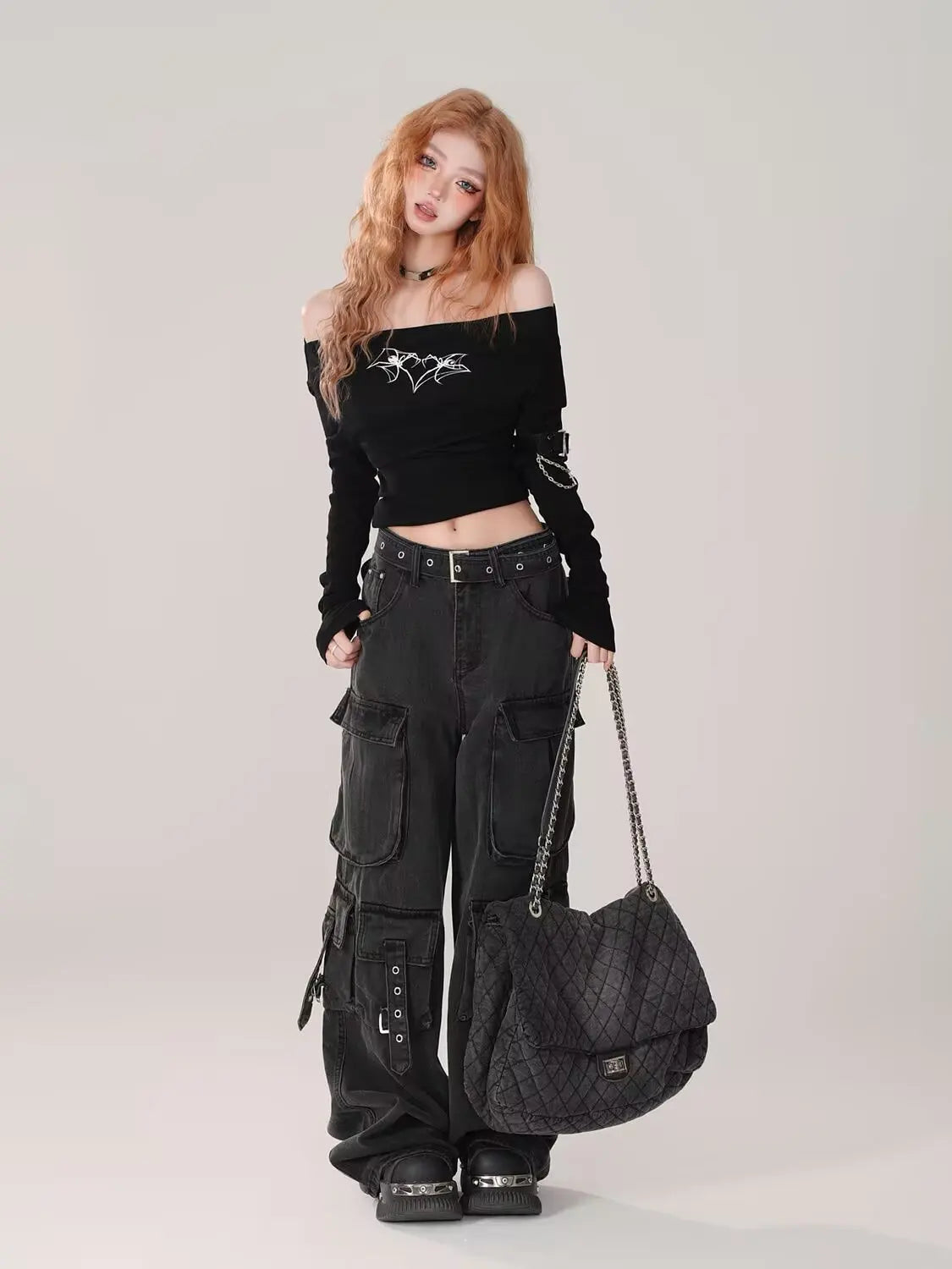 Cargo Jean Vintage Femme — Denim Noir Style Y2K Grunge