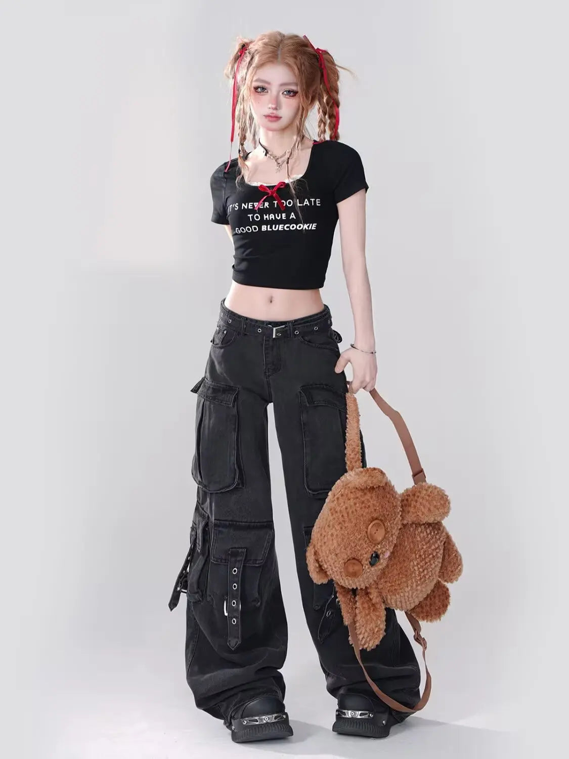 Cargo Jean Vintage Femme — Denim Noir Style Y2K Grunge