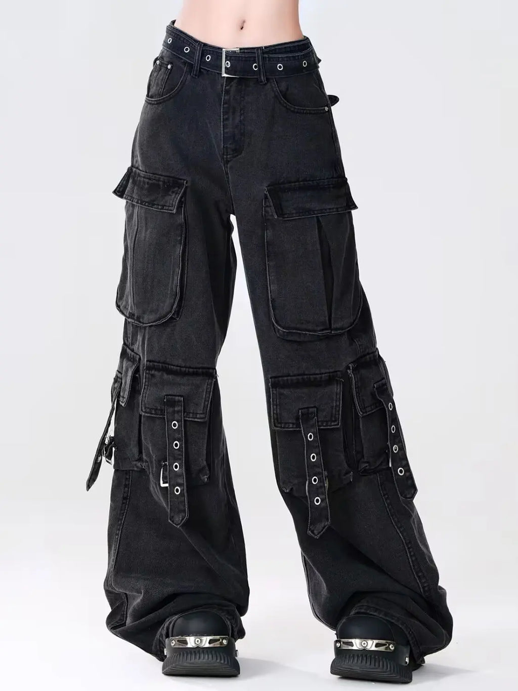 Cargo Jean Vintage Femme — Denim Noir Style Y2K Grunge