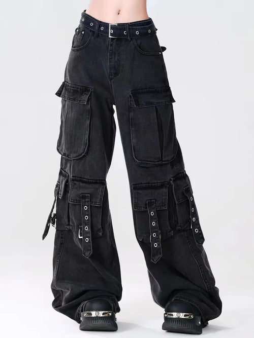 Cargo Jean Vintage Femme — Denim Noir Style Y2K Grunge